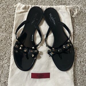 Valentino Black Jelly Bow Sandals with Gold Rockstuds